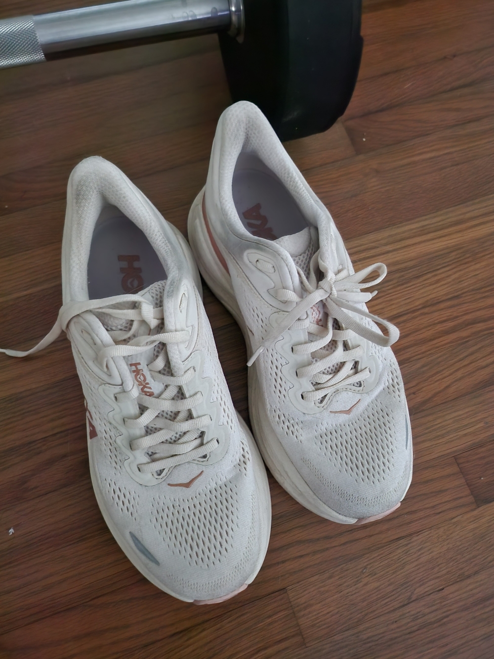 Hoka Women's Running Shoes in Off-White with Blush Accents Bondi 9
